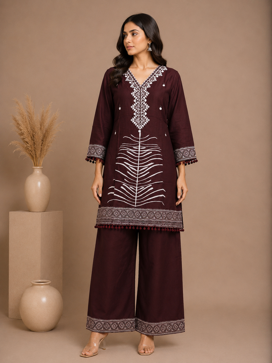 Wine Embroidered Rayon Kurta Set with Palazzo Pants