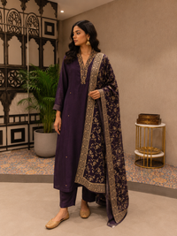 Deep Purple Vichitra Silk Straight Kurta Set with Woven Floral Dupatta