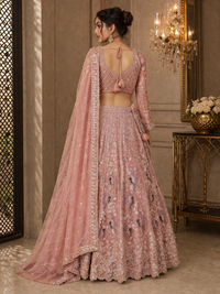 Blush Pink Floral Embroidered Bridal Lehenga Set with Net Dupatta