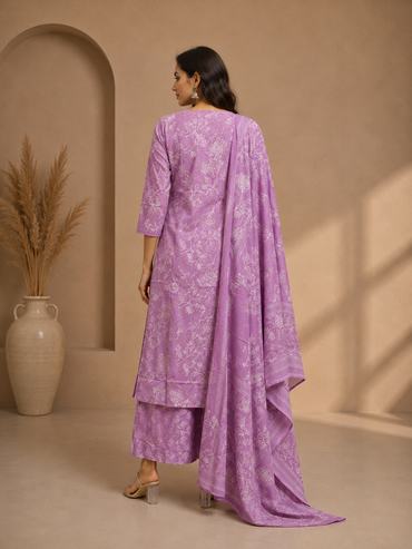 Lavender Floral Printed Cotton Kurta Set with Dupatta
