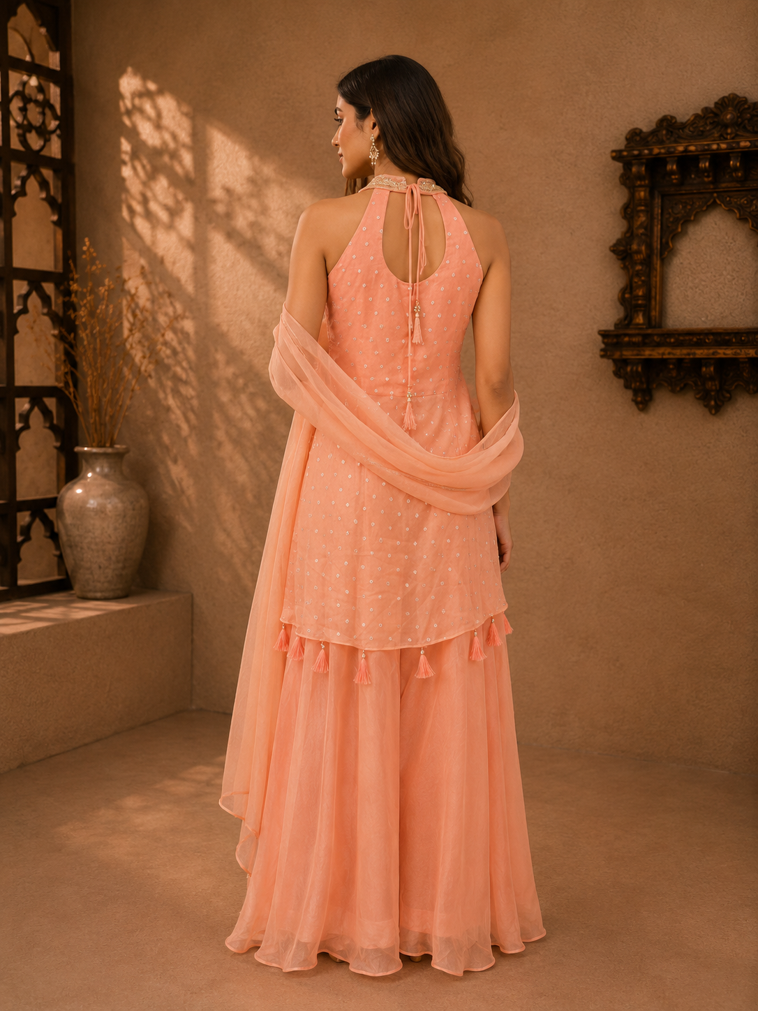 Peach Tissue Embroidered Sleeveless Kurta Set with Palazzo & Dupatta