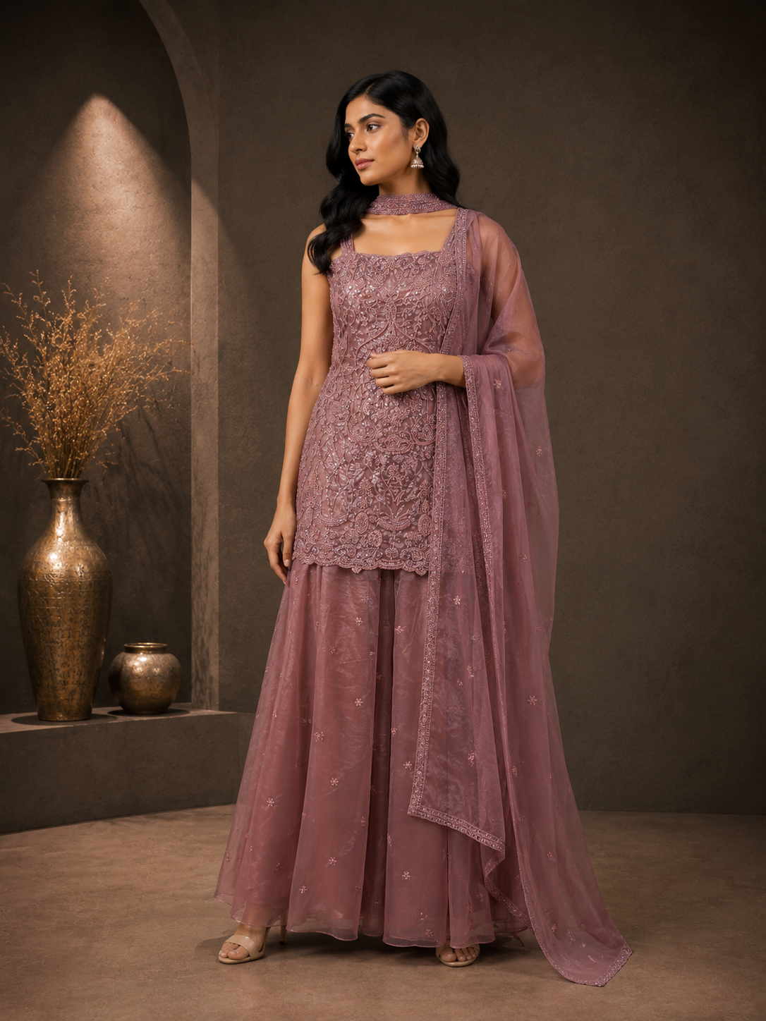 Premium Salsa Embroidered Sharara Suit Set with Dupatta – Dusty Rose