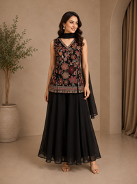Black Georgette Embroidered Sharara Set with Dupatta