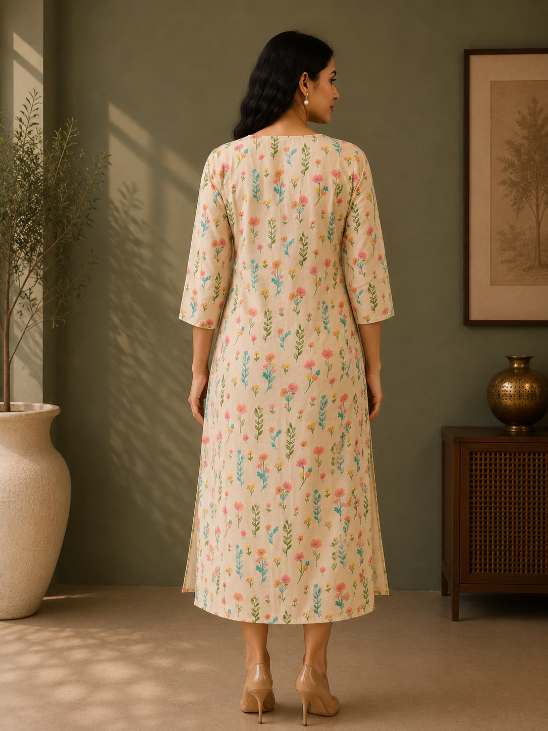 Cream Muslin Silk Floral Printed A-Line Dress for Women