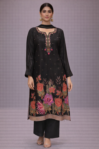 Black Silk Floral Printed Kurta Pant Set