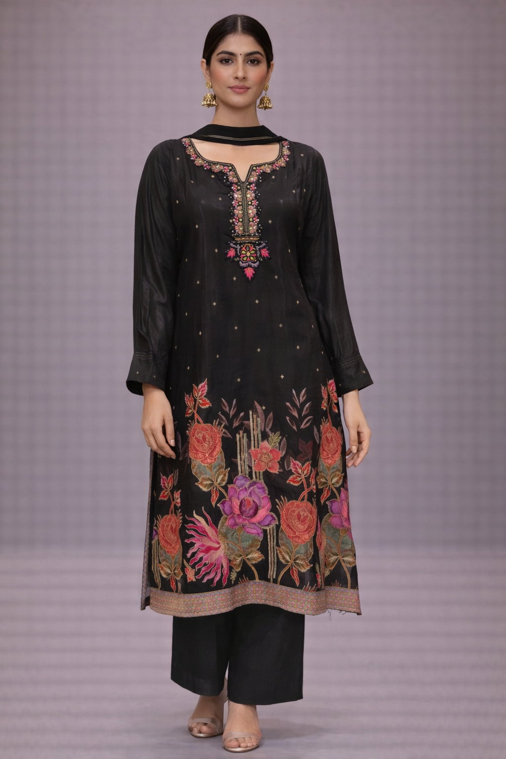 Black Silk Floral Printed Kurta Pant Set