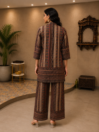 Black & Rust Printed Silk Blend Kurta Pant Set
