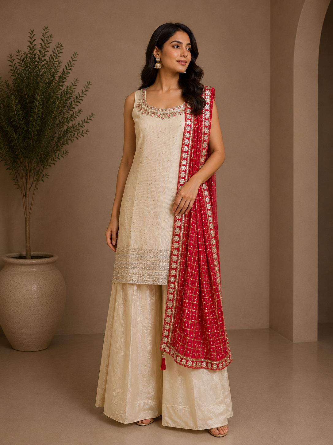 Ivory Silk Embroidered Sharara Suit with Pink Banarasi Dupatta