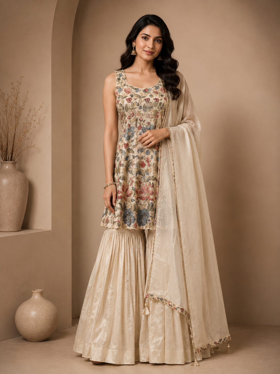Ivory Silk Peplum Style Designer Gharara Suit with Embroidered Dupatta