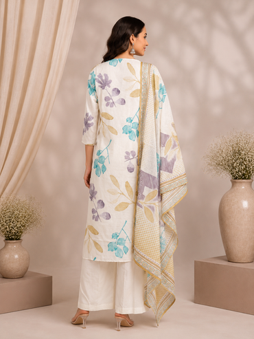 Off-White Floral Cotton linen Kurta Set with Dupatta