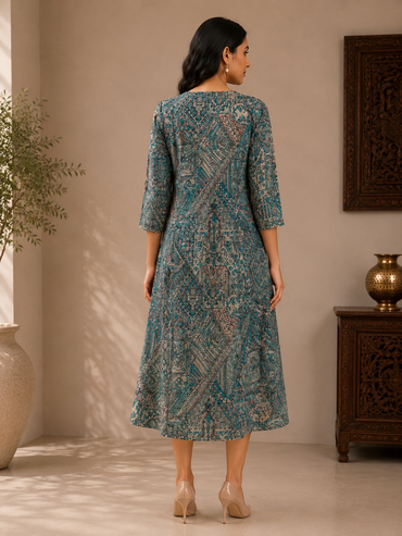 Teal Blue Muslin Silk Printed A-Line Dress for Women