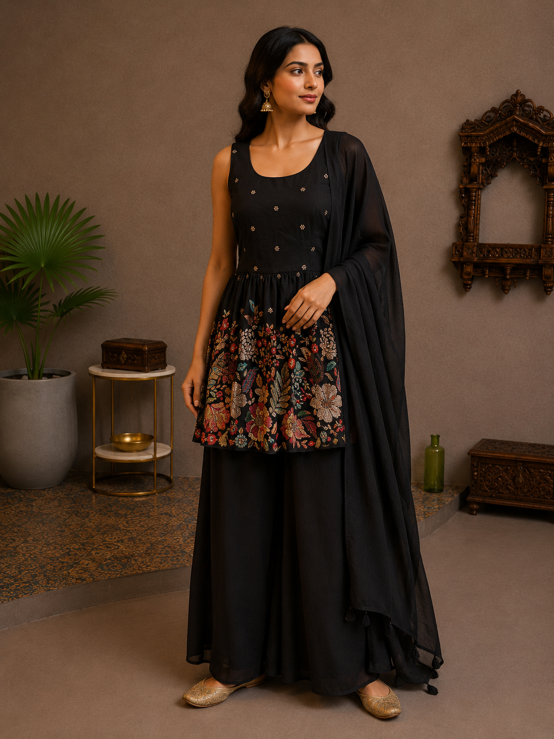 Black Silk Floral Peplum Palazzo Set