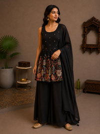 Black Silk Floral Peplum Palazzo Set