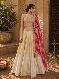Gold Silk Lehenga Set with Embroidered Blouse & Pink Dupatta | Wedding & Bridal Wear