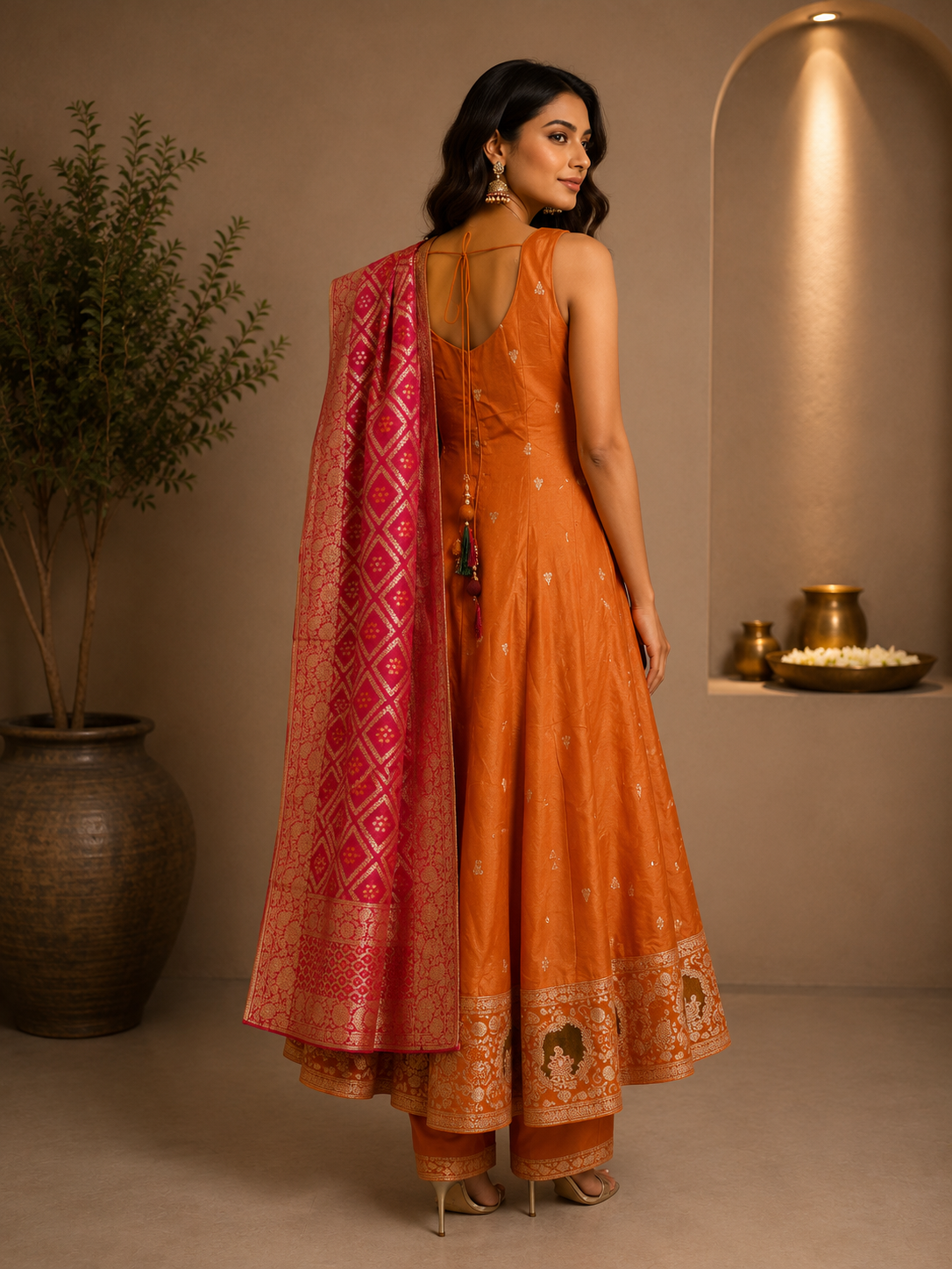 Orange Silk Designer Anarkali Gown with Pink Banarasi Dupatta