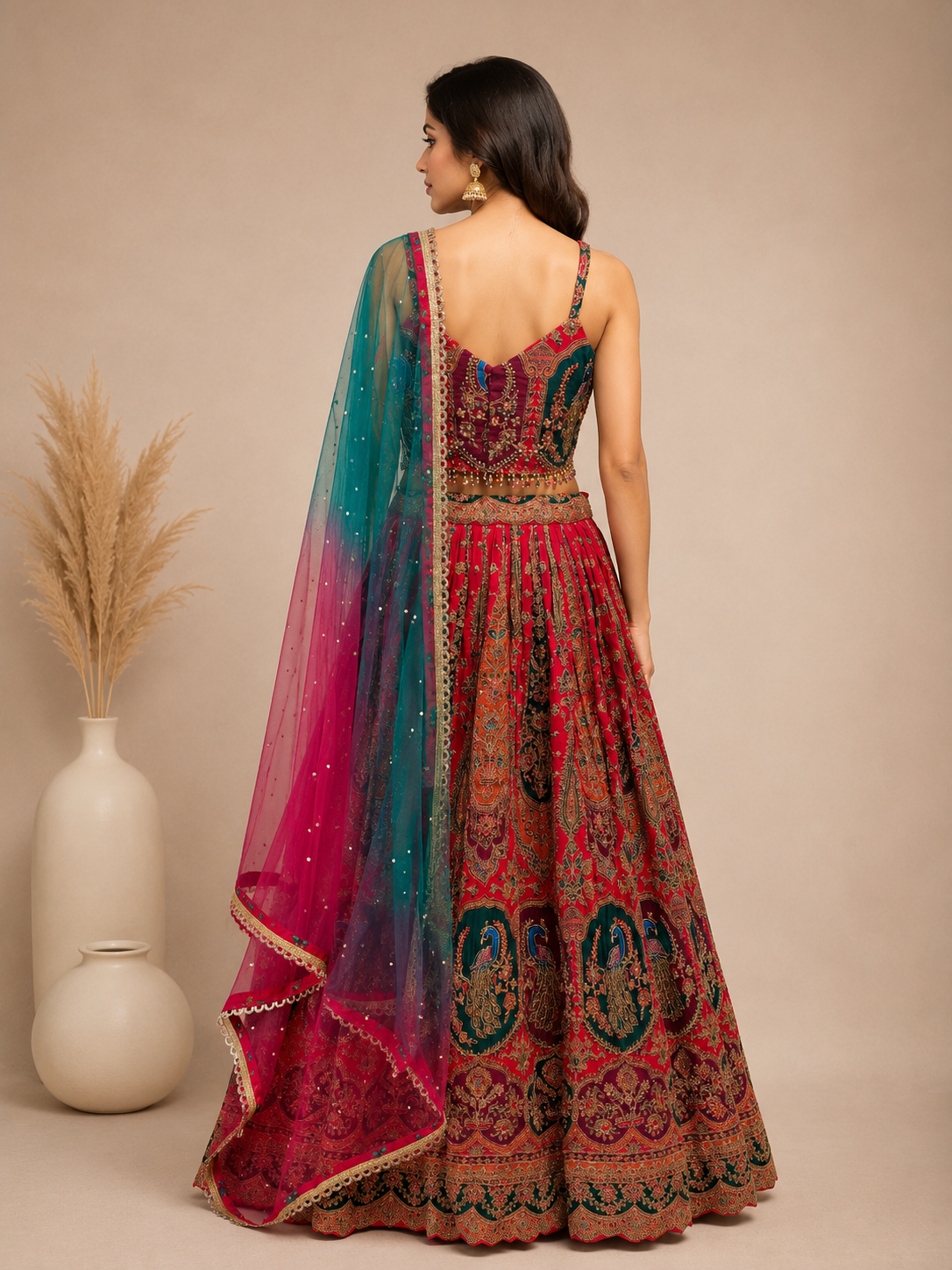Multicolor Embroidered Silk Lehenga Set with Net Dupatta