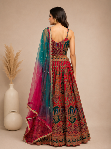 Multicolor Embroidered Silk Lehenga Set with Net Dupatta