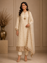 Ivory Vichitra Silk Straight Suit Set with Embroidered Dupatta