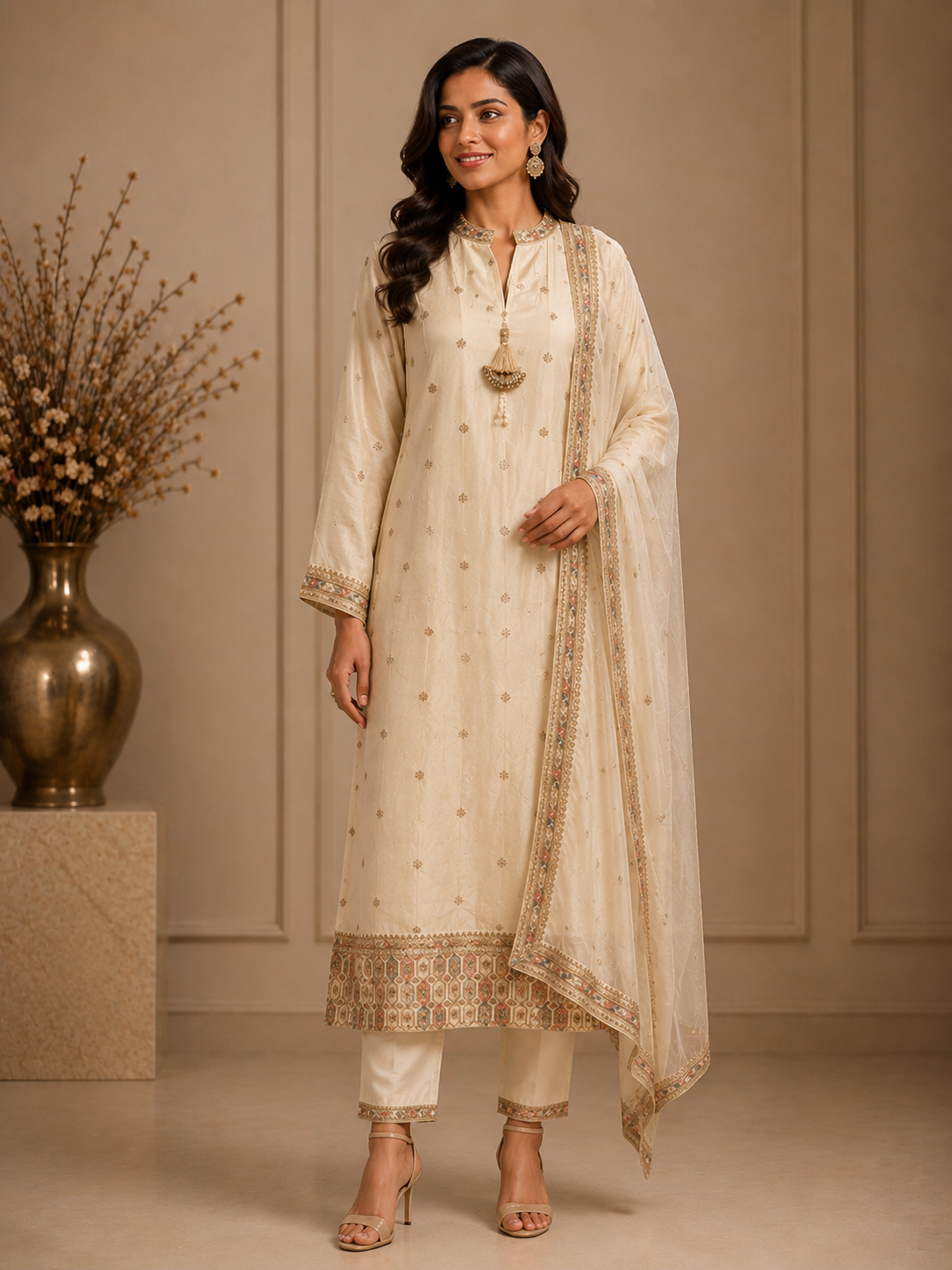 Ivory Vichitra Silk Straight Suit Set with Embroidered Dupatta