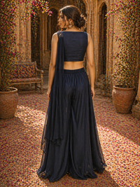 Midnight Blue Chinnon Silk Lehenga Set with Embroidered Crop Top & Dupatta