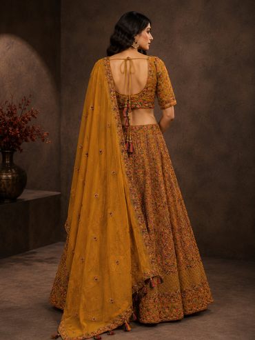 Mustard Silk Designer Lehenga Choli with Heavy Traditional Embroidery & Dupatta