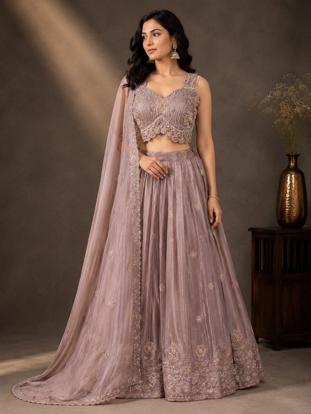 Dusty Mauve Tissue Silk Lehenga Set with Floral Embroidered Blouse