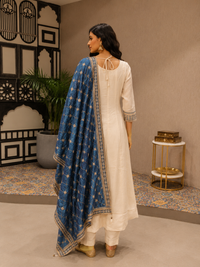 Ivory White Vichitra Silk A-Line Kurta Set with Embroidered Blue Dupatta