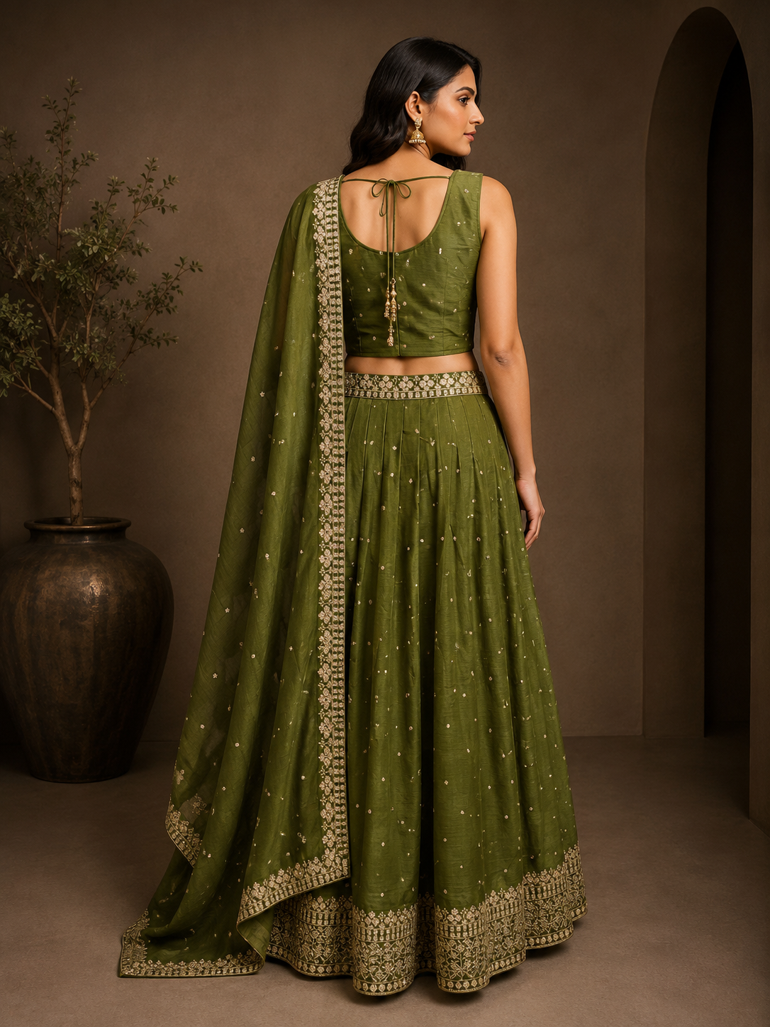 Olive Green Silk Embroidered Lehenga Choli with Dupatta