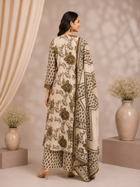 Beige & Brown Printed Cotton Kurta Set with Dupatta