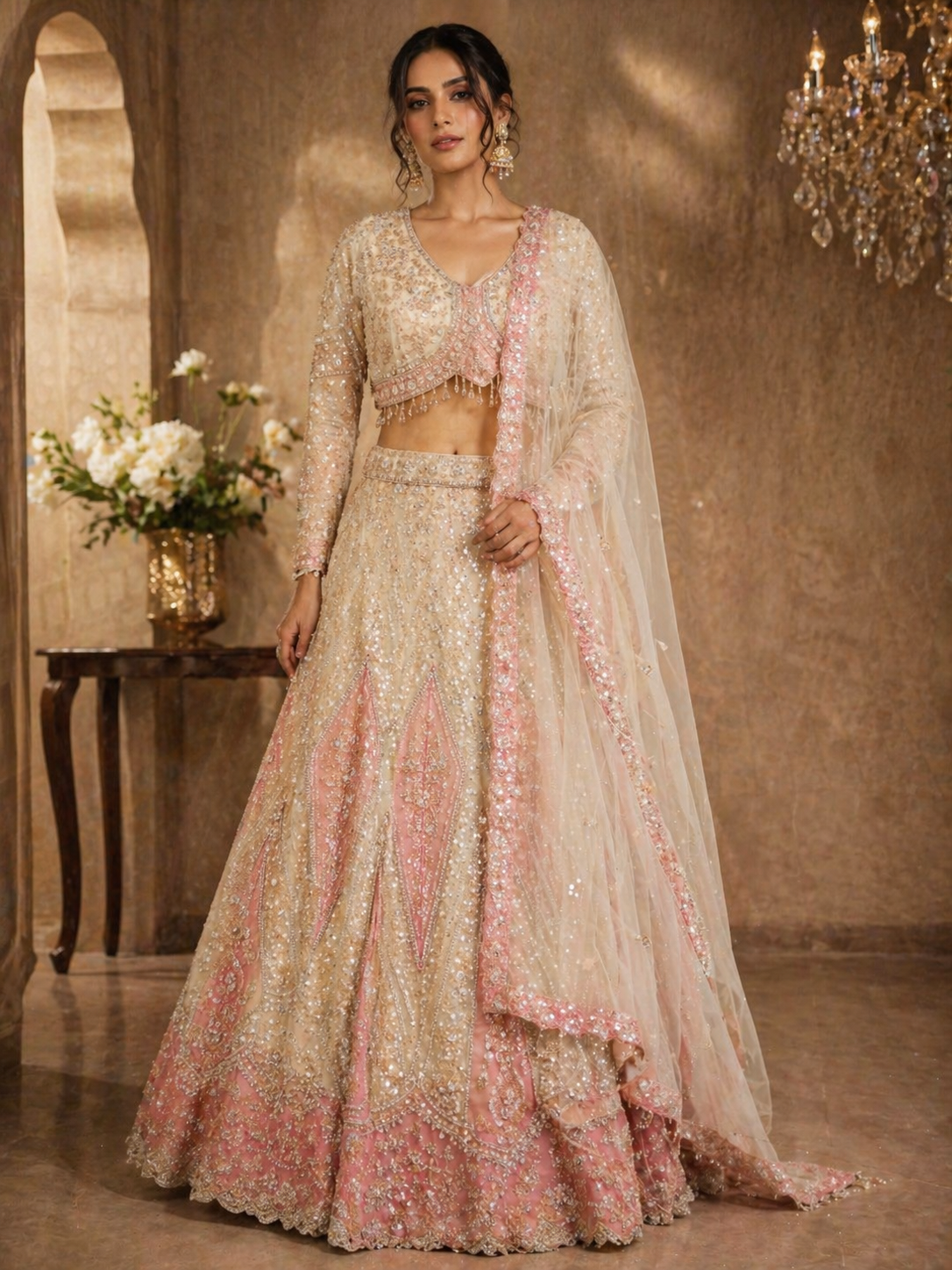 Women's Blush Pink & Gold Embroidered Net Lehenga Choli with Dupatta