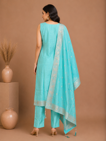 Aqua Blue Floral Woven Silk Kurta Set with Dupatta