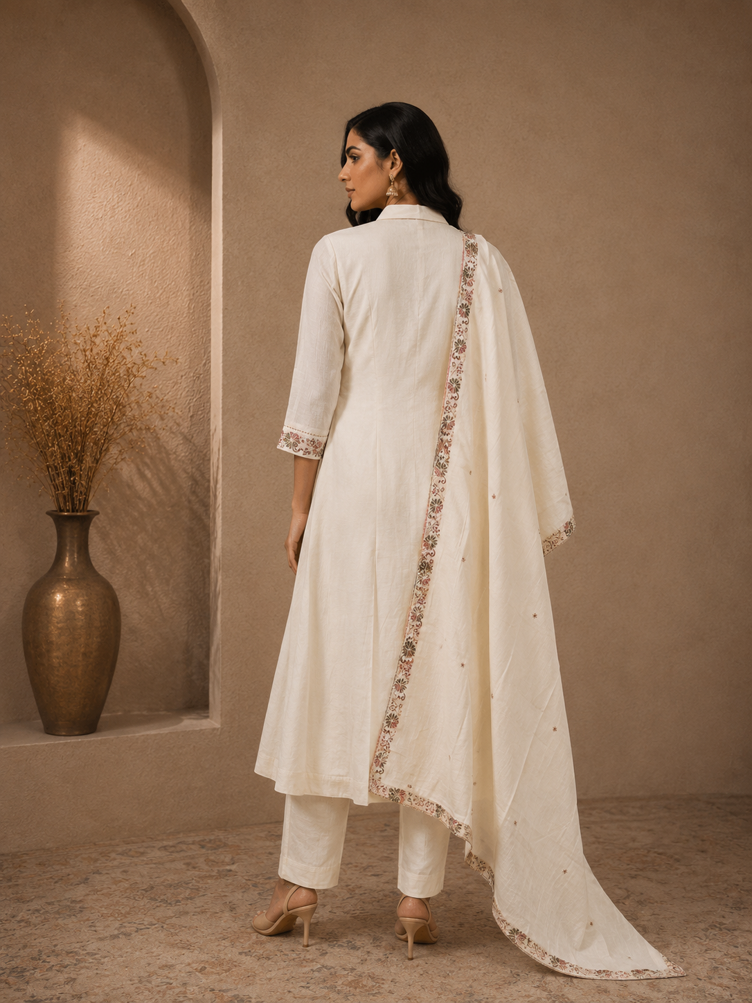 Premium Mul Chanderi Anarkali Suit Set with Floral Embroidered Dupatta – Ivory White
