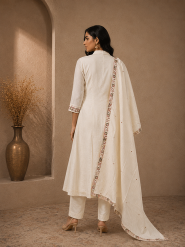 Premium Mul Chanderi Anarkali Suit Set with Floral Embroidered Dupatta – Ivory White