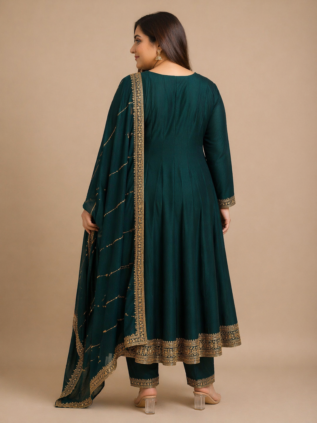 Emerald Green Vichitra Silk Anarkali Suit Set with Dupatta | Festive & Party Wear