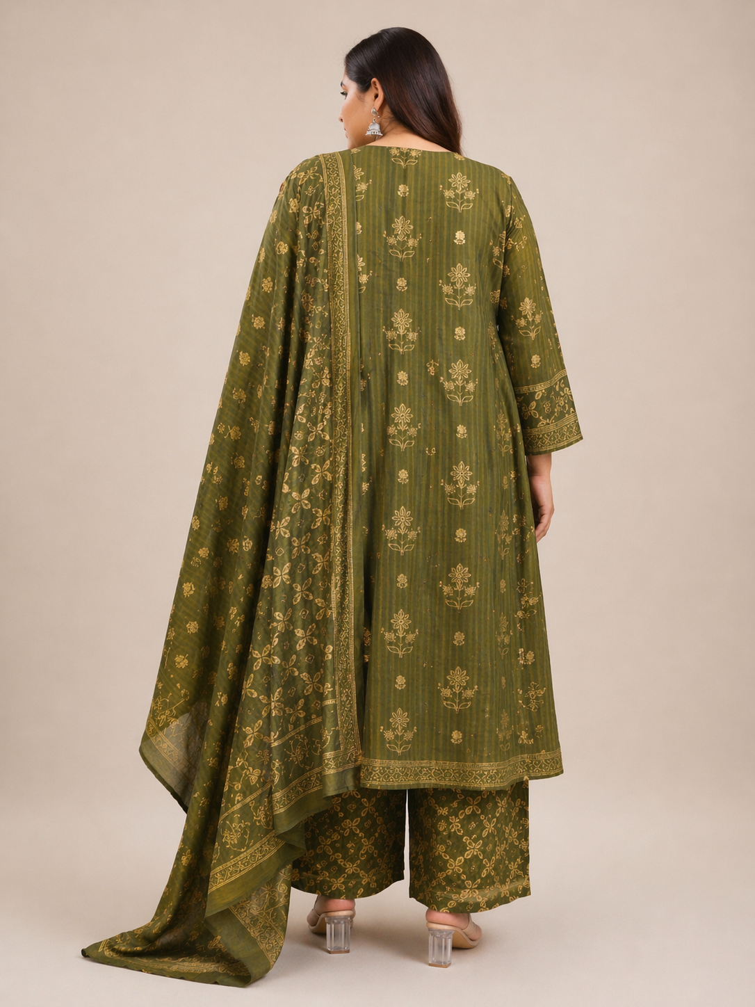 Women's Olive Green Printed Cotton Kurta Pant Set with Dupatta