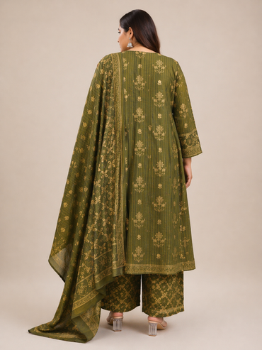 Women's Olive Green Printed Cotton Kurta Pant Set with Dupatta