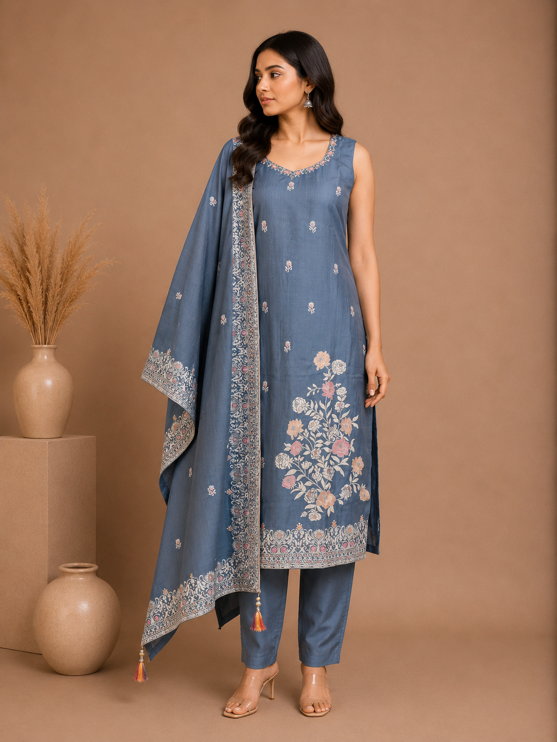 Steel Blue Floral Printed Silk Straight Kurta Set with Dupatta