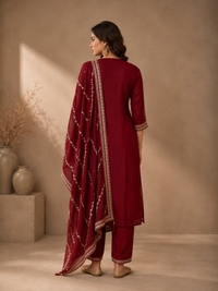 Maroon Front Cut Vichitra Silk Kurta Set with Embroidered Dupatta
