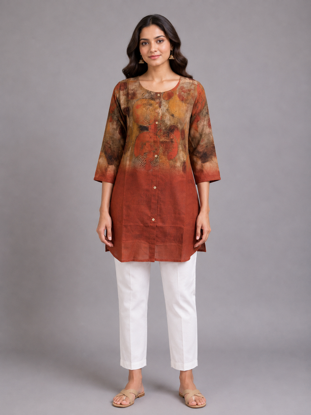 Rust Abstract Print Silk Long Top