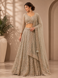 Sage Green Bridal Embroidered Lehenga Set with Net Dupatta