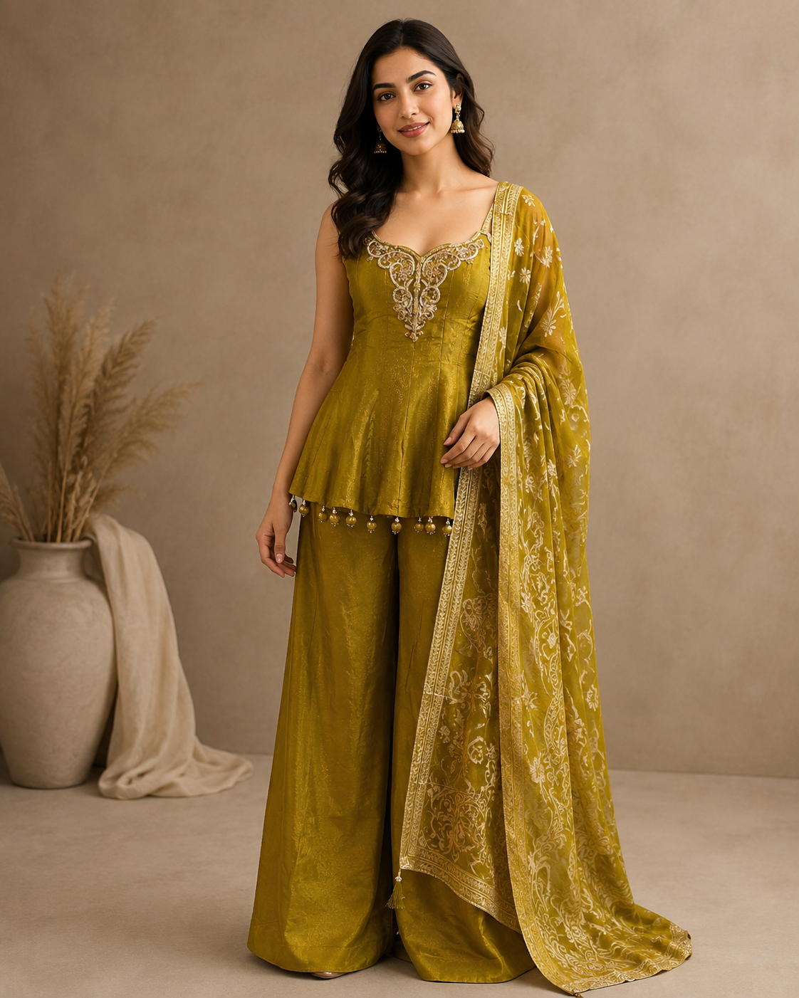 Antique Mustard Silk Peplum Palazzo Set