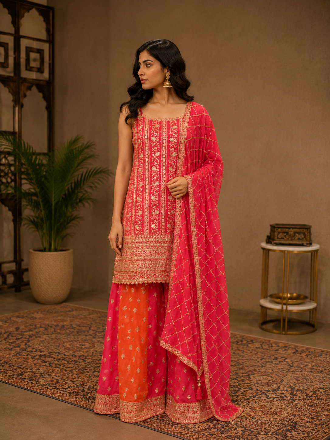 Rani Pink Georgette Embroidered Kurta Set with Contrast Palazzo & Dupatta