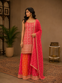 Rani Pink Georgette Embroidered Kurta Set with Contrast Palazzo & Dupatta