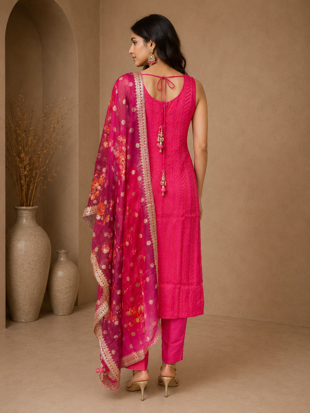 Premium Silk Embroidered Straight Suit Set with Printed Organza Dupatta – Rani Pink