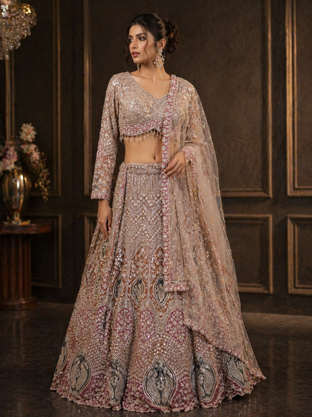 Rose Gold & Champagne Embroidered Bridal Lehenga Set with Net Dupatta