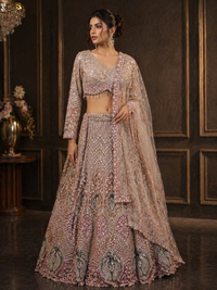 Rose Gold & Champagne Embroidered Bridal Lehenga Set with Net Dupatta