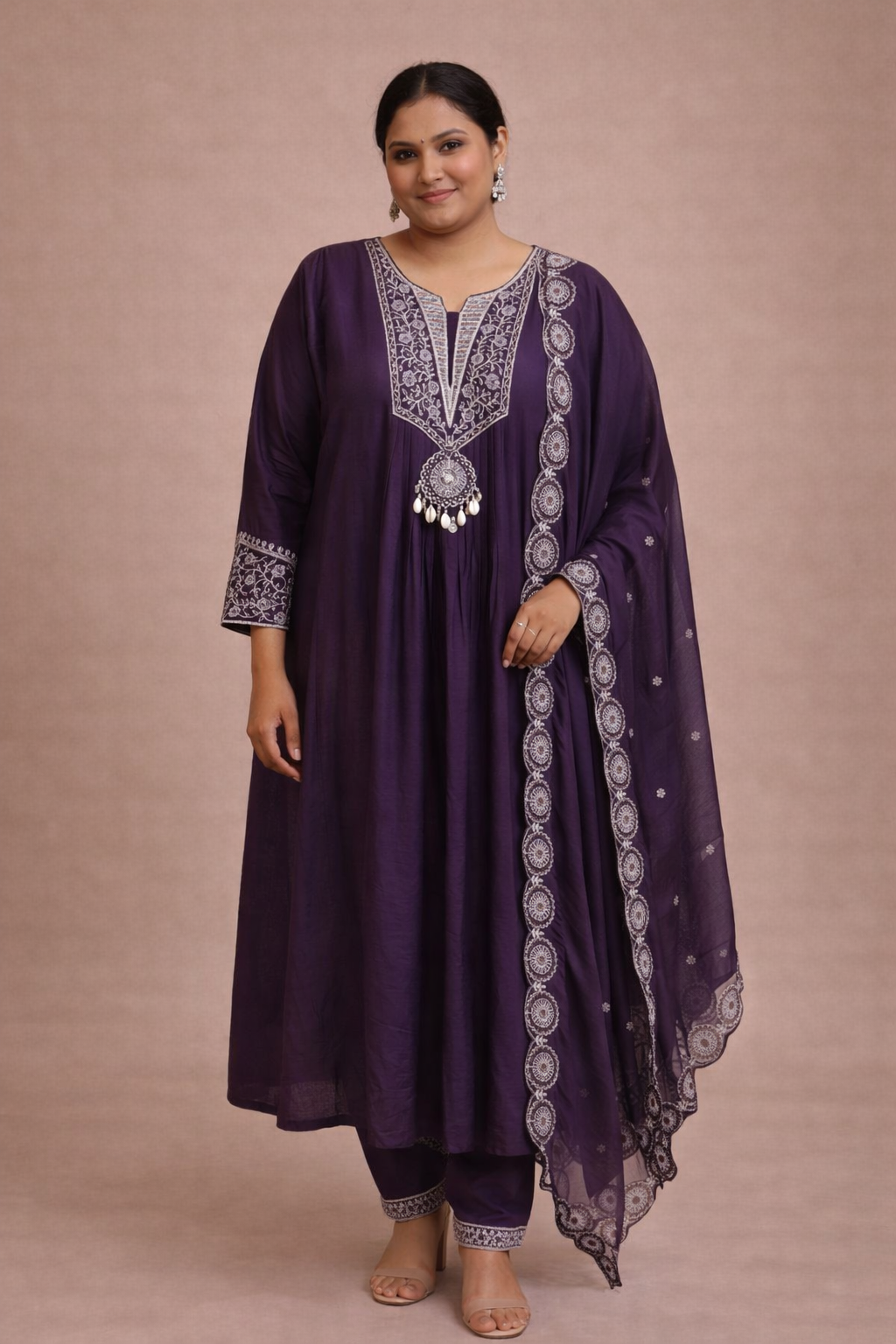 Royal Purple Embroidered Silk Anarkali Kurta Set with Dupatta