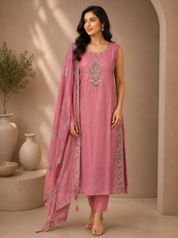 Dusty Pink Tissue Silk Embroidered Suit Set with Designer Dupatta