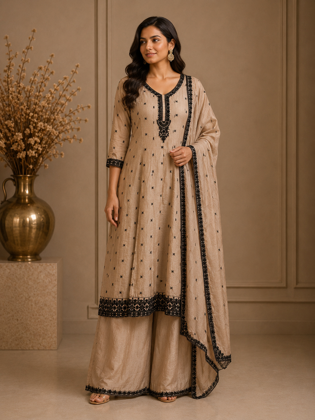 Camel Beige Vichitra Silk Embroidered Kurta Palazzo Set with Dupatta