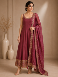 Premium Silk Anarkali Suit Set with Embroidered Organza Dupatta – Wine Purple